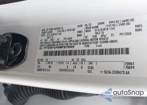 2021 Ford F-150 Xlt from USA, damaged, VIN 1FTEW1EP9MFB78069